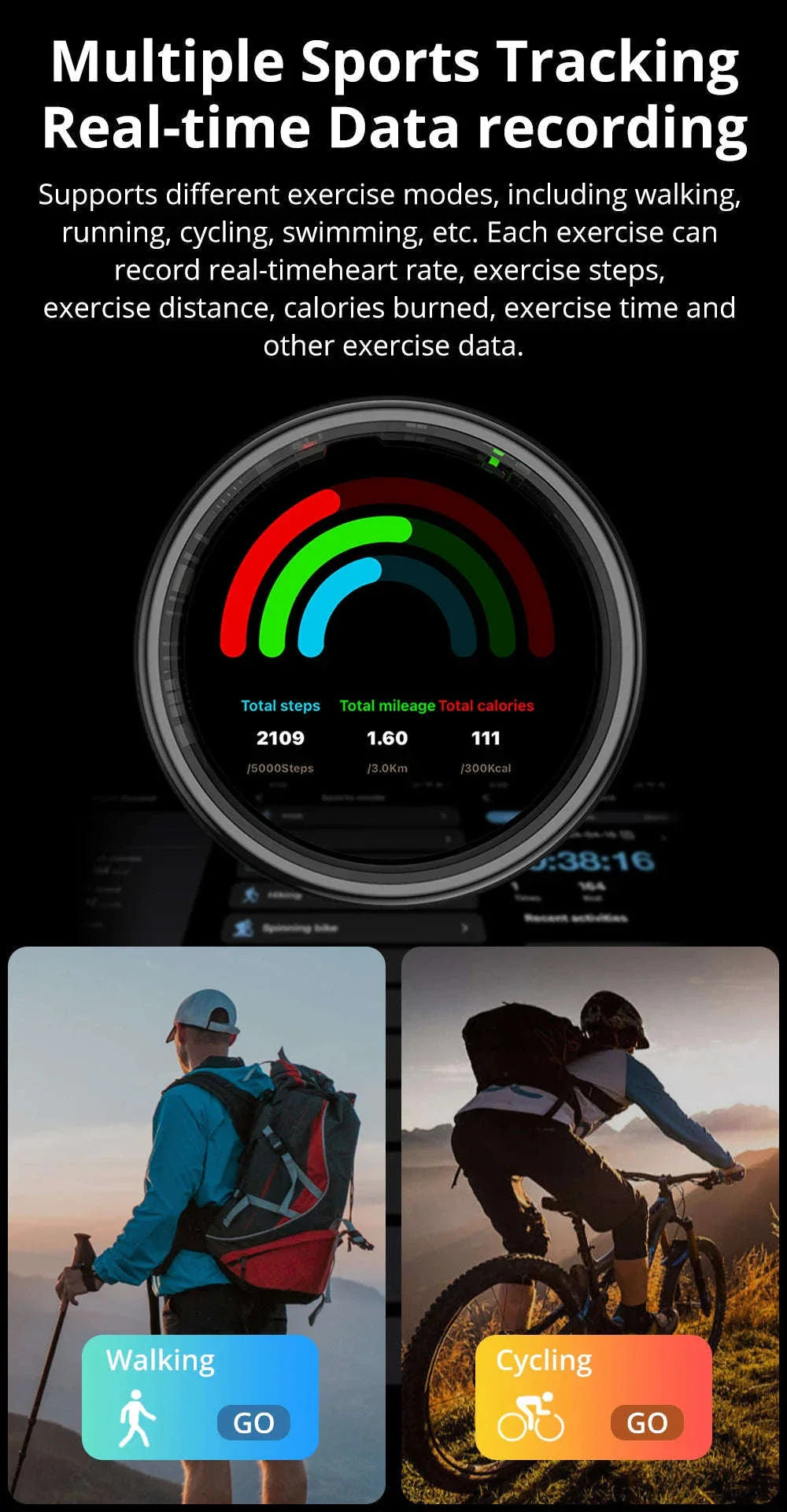 Zesvra smart ring with multi-sports tracking with real-time data recording. It supports different exercise modes, for example running, walking, cycling, swimming, etc. Each exercise can record real-time heart rate, exercise steps and distance, calories burned, exercise time and other data. 