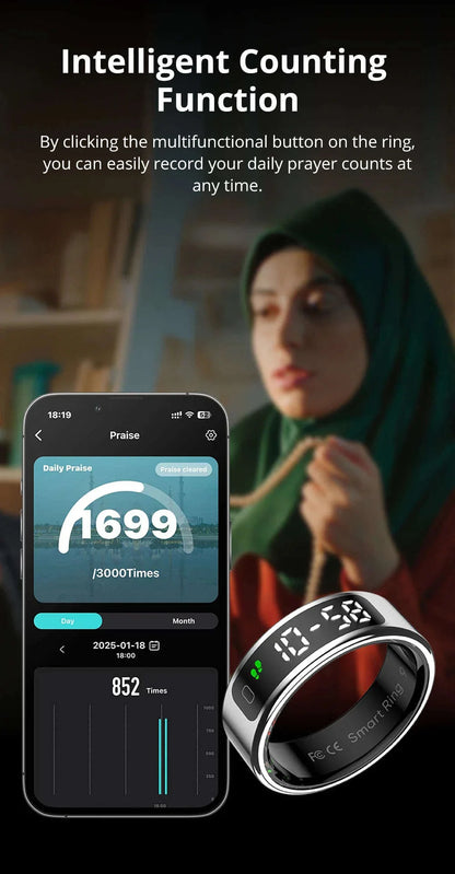Zesvra smart ring with an intelligent counting function - by clicking the multi-functional button on the ring, you can easily record your daily prayer counts any time.