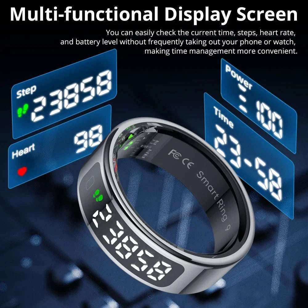 Zesvra smart ring with multi-functional display screen, where you can easily check the current time, steps, heart rate, and battery level without frequently taking out your phone or watch, making the management more convenient.