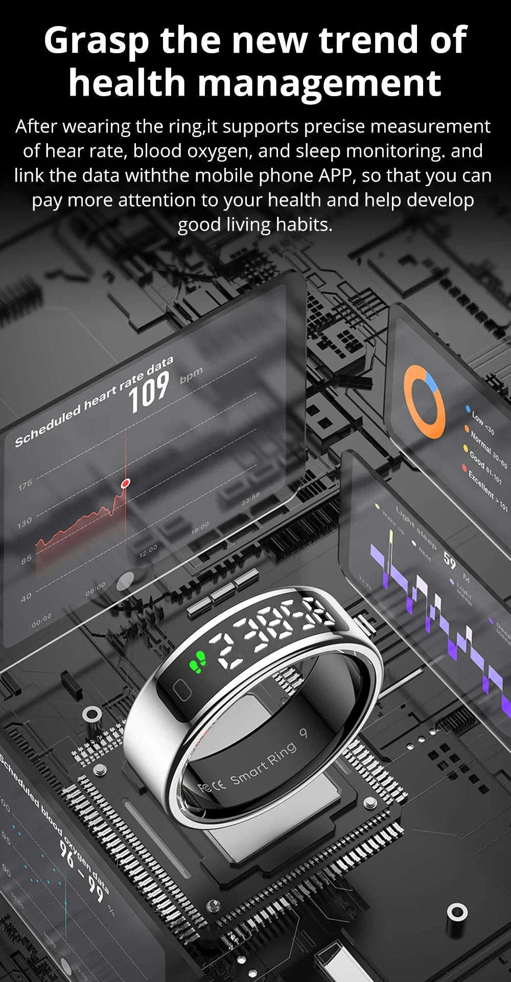 Zesvra smart ring that supports precise measurement of heart rate, blood oxygen and sleep monitoring, allowing you to manage health data via a mobile app.
