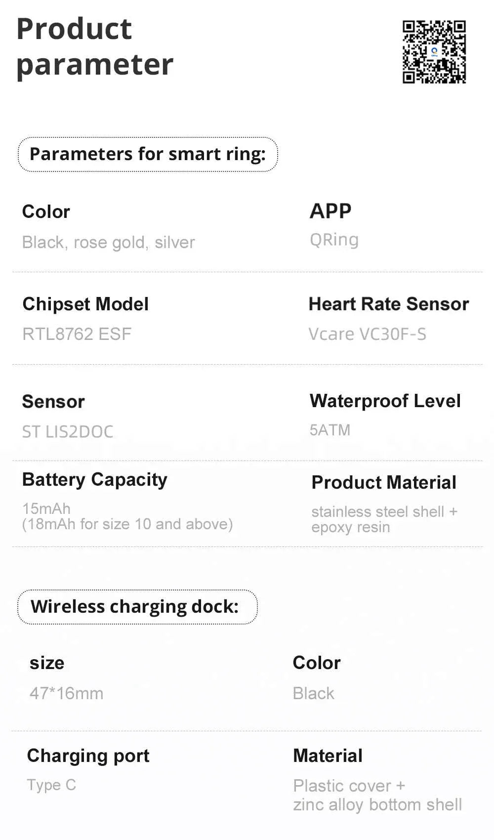 Zesvra smart ring parameters are as follows: Colour (black, rose gold, silver), chipset model (RTL8762ESF), Sensor (AT LIS2DOC), waterproof level (5ATM), Battery capacity (15mAh, and 18mAh for size 10 and above), product material (stainless steel shell & epoxy resin). 

Zesvra Wireless cherging dock parameters: color (black), charging port (type C), material (plastic cover + zinc alloy bottom shell) 